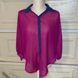 GB Long Sleeve Button Up Blouse Sheer Purple Blue Women’s Size M
